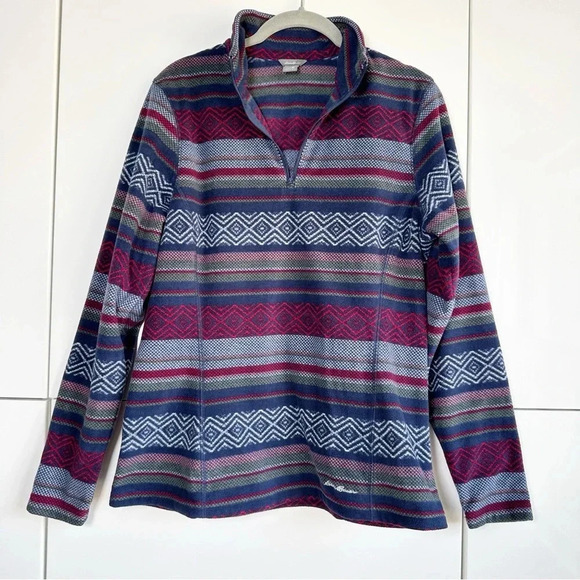 Eddie Bauer Women’s Aztec Fleece 1/4 zip Size Medium Navy Red Warm Cozy Soft - Picture 1 of 6